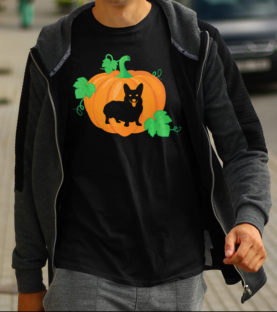 Corgi Dog Pumpkin Halloween Silhouette With Leaves T-Shirt