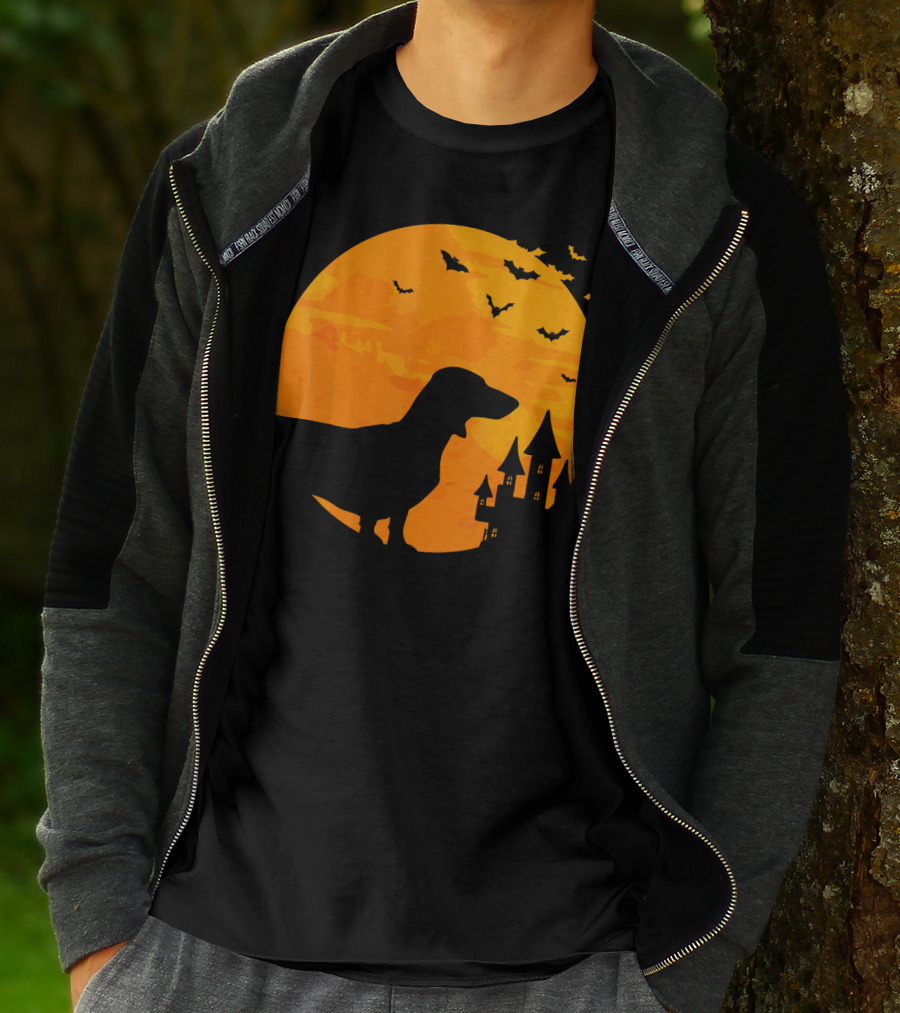 Dachshund Halloween Silhouette With Bats And Haunted Castle T-Shirt