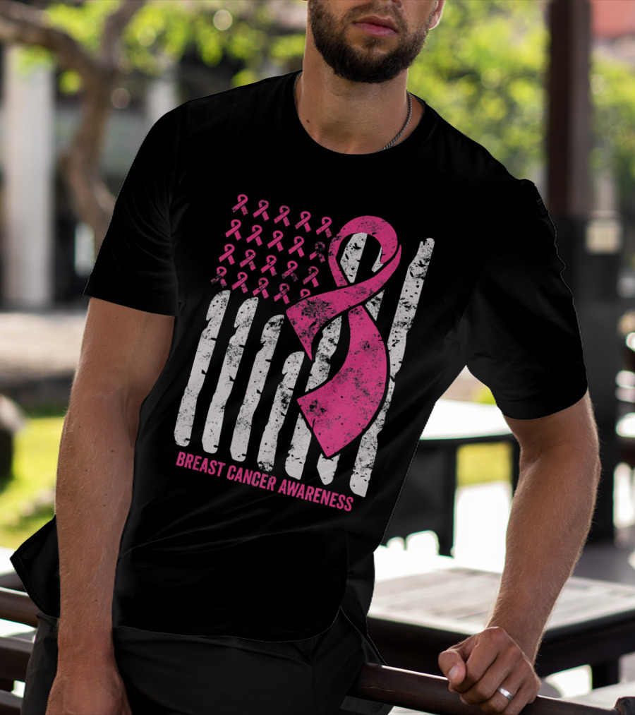 Breast Cancer Awareness Distress Pink Ribbon American Flag T-Shirt