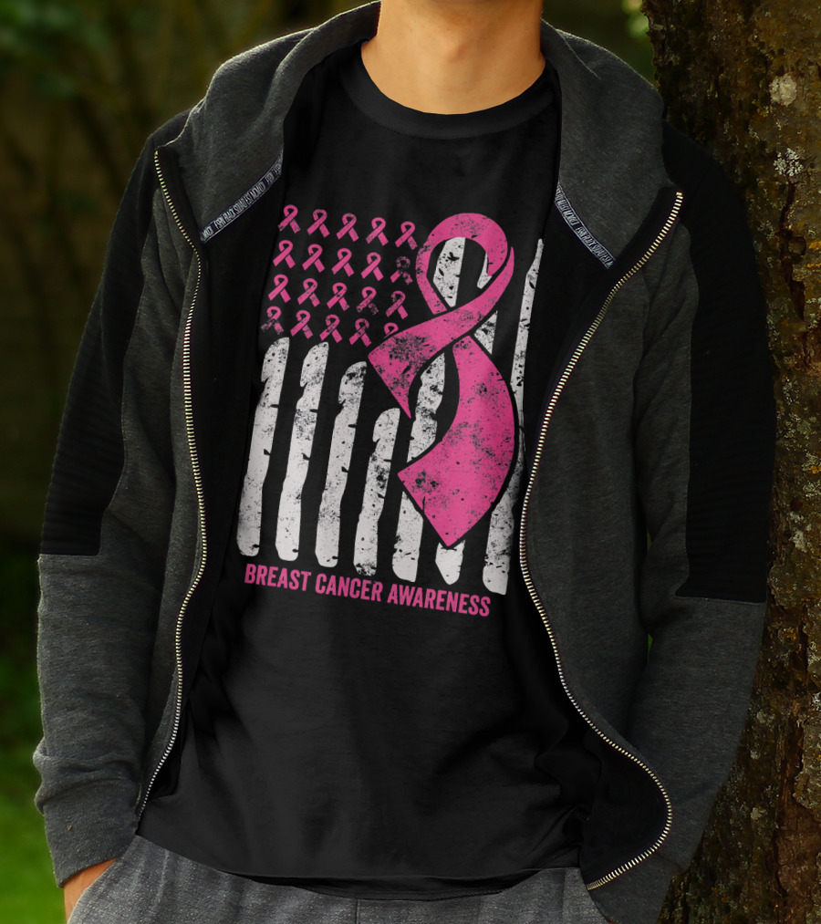 Breast Cancer Awareness Distress Pink Ribbon American Flag T-Shirt