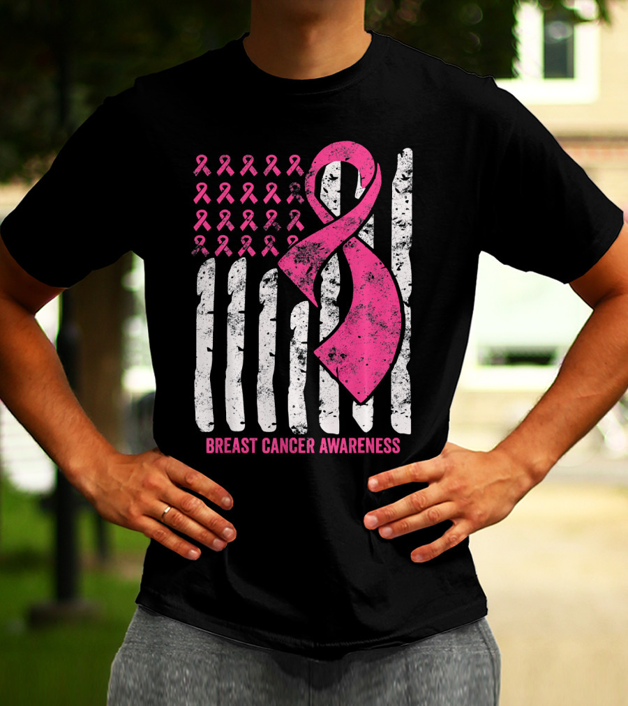 Breast Cancer Awareness Distress Pink Ribbon American Flag T-Shirt