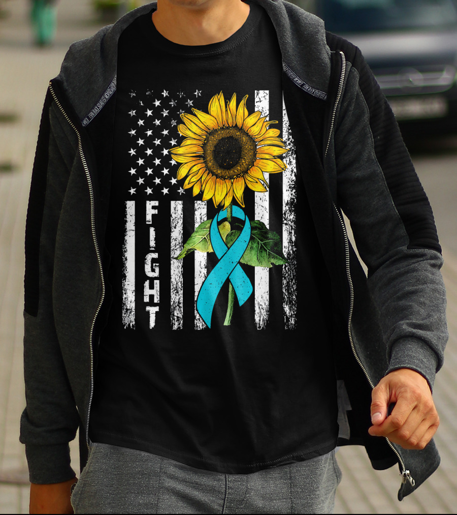 America Flag Sunflower Teal Ribbon Ovari Fight T-Shirt