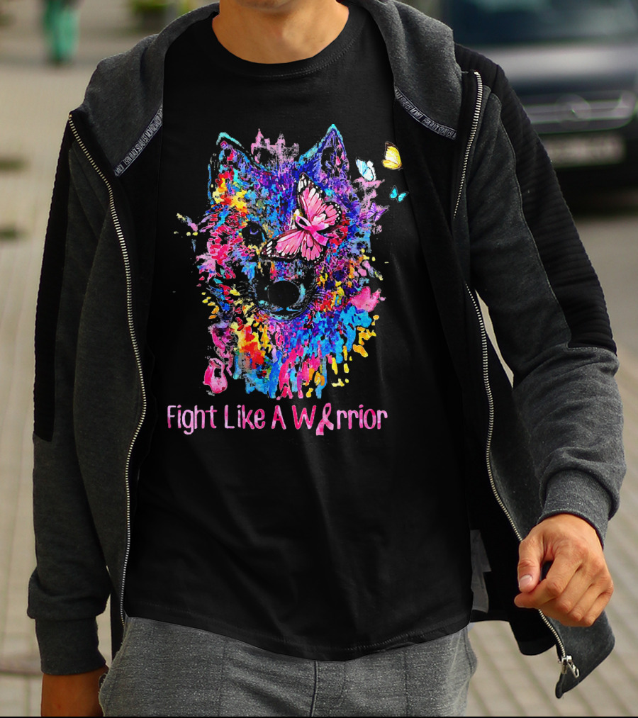Fight Like A Warrior Breast Cancer Awareness Butterfly And Wolf T-Shirt