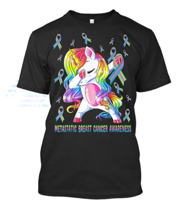 Metastatic Breast Cancer Awareness Unicorn Dabbing With Ribbons T-Shirt