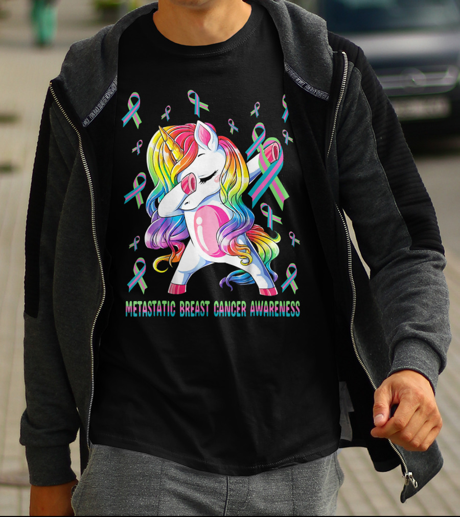 Metastatic Breast Cancer Awareness Unicorn Dabbing With Ribbons T-Shirt