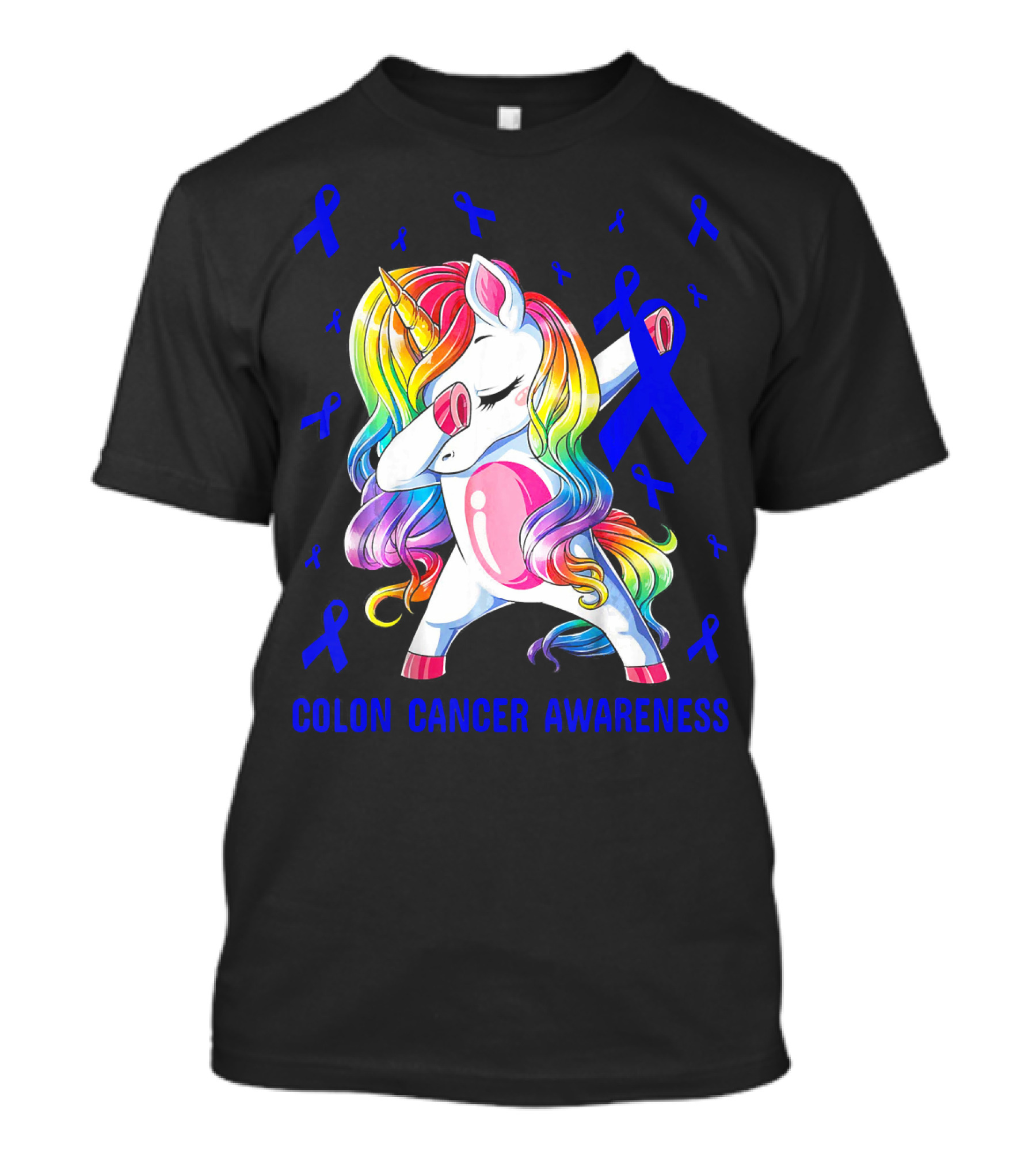 Colon Cancer Awareness Unicorn Dabbing With Blue Ribbons T-Shirt