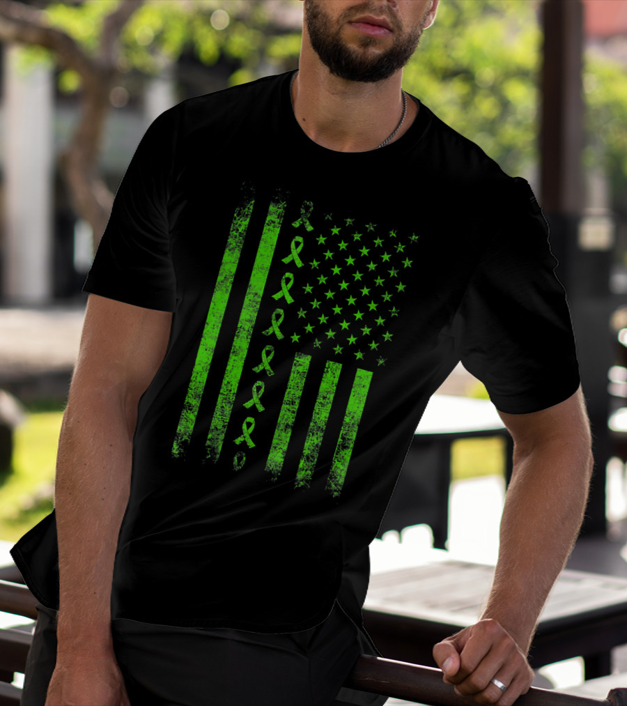 Lymphoma Cancer Awareness Lime Green Ribbon American Flag T-Shirt