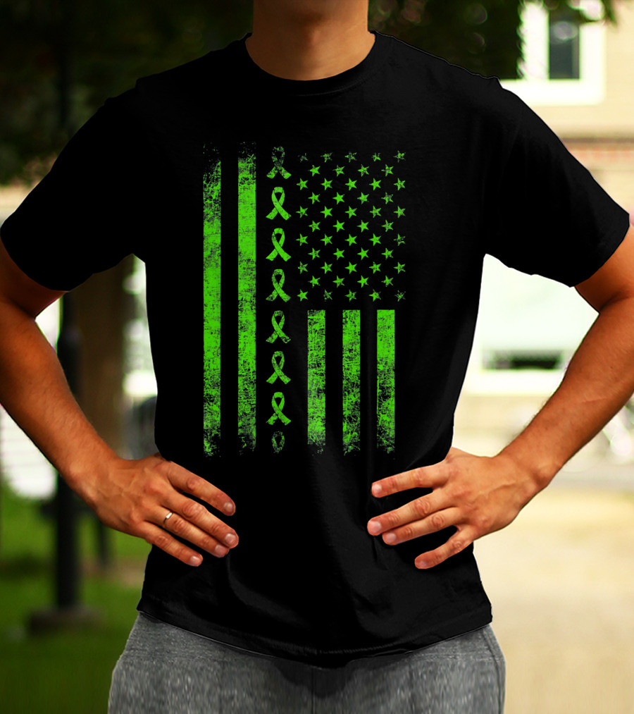 Lymphoma Cancer Awareness Lime Green Ribbon American Flag T-Shirt