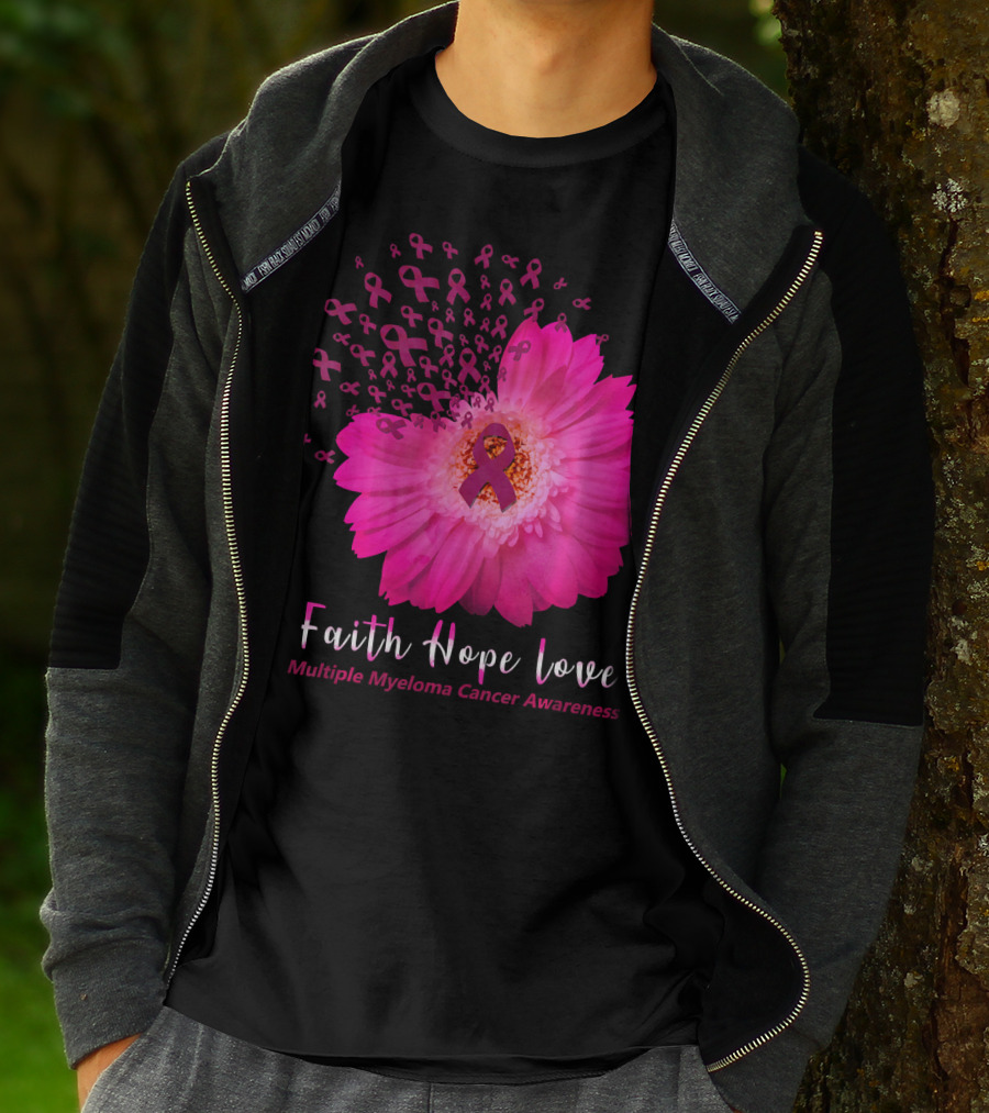 Faith Hope Love Multiple Myeloma Cancer Awareness Pink Ribbon Flower T-Shirt