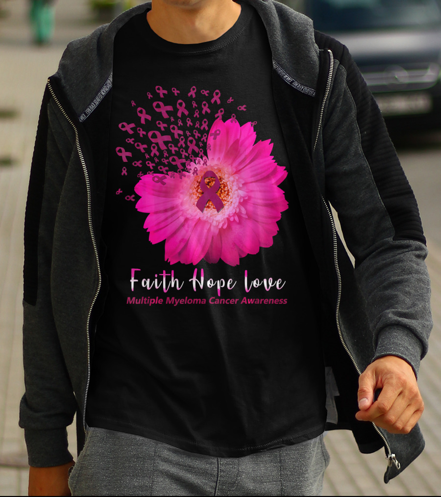 Faith Hope Love Multiple Myeloma Cancer Awareness Pink Ribbon Flower T-Shirt