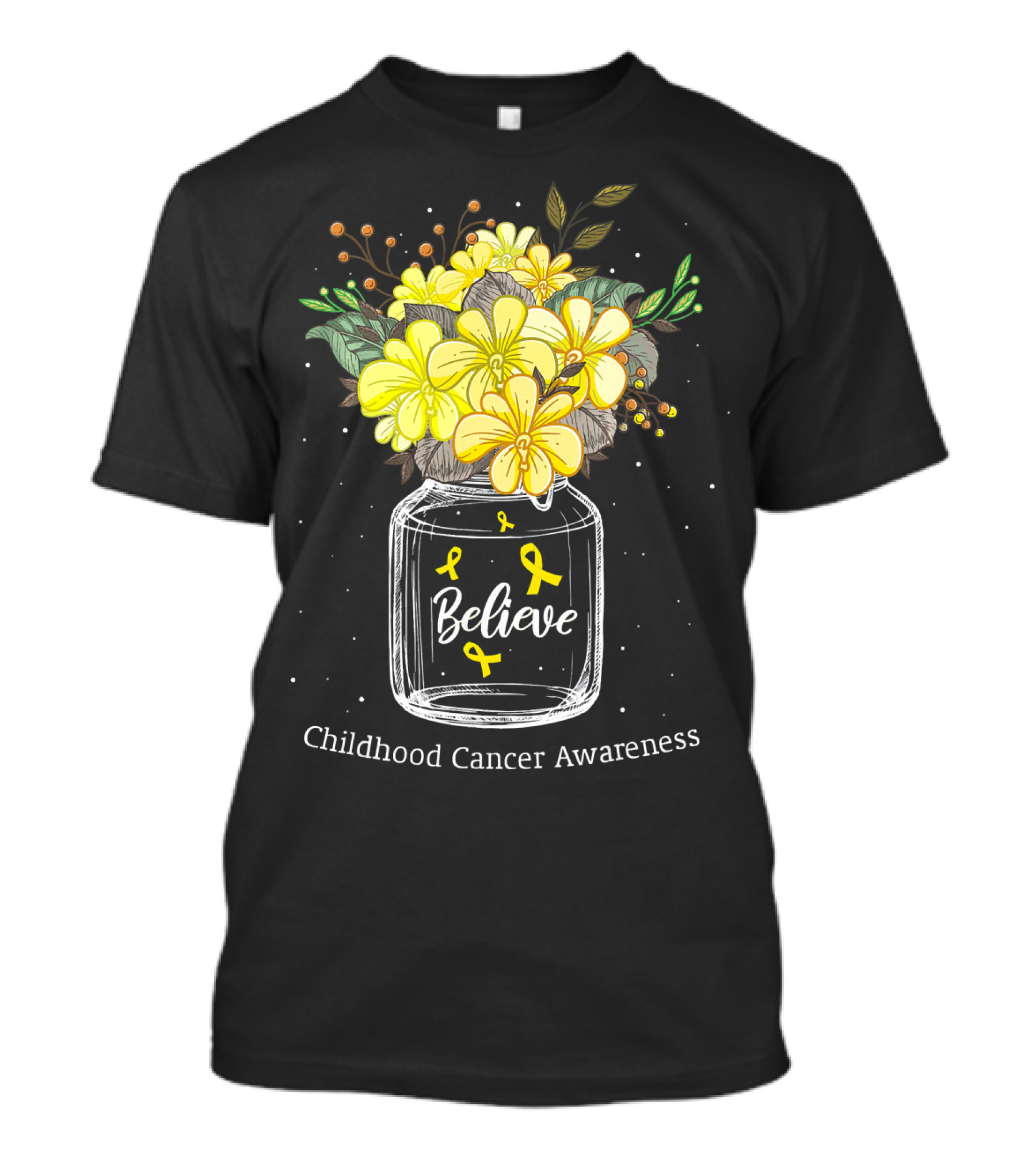 Believe Yellow Ribbon Childhood Cancer Awareness Flower Bouquet T-Shirt