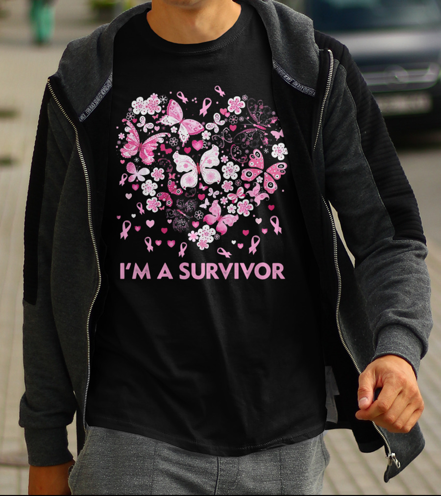 I'm A Survivor Heart Pink Ribbon Butterfly Flowers T-Shirt