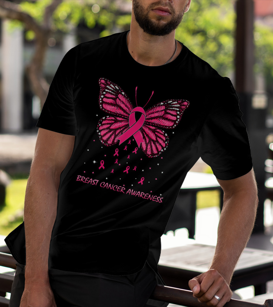 Breast Cancer Awareness Butterfly Ribbon And Stars T-Shirt