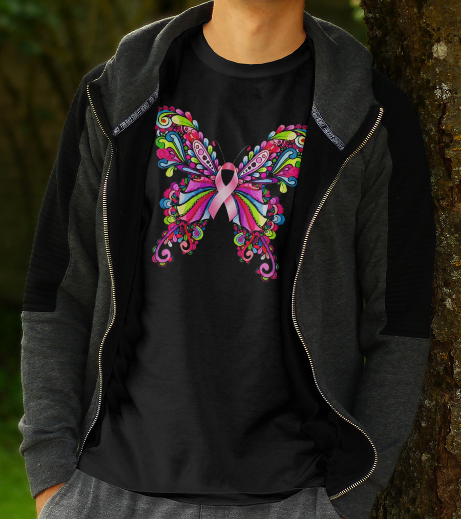 Colorful Hippie Butterfly Breast Cancer Awareness T-Shirt