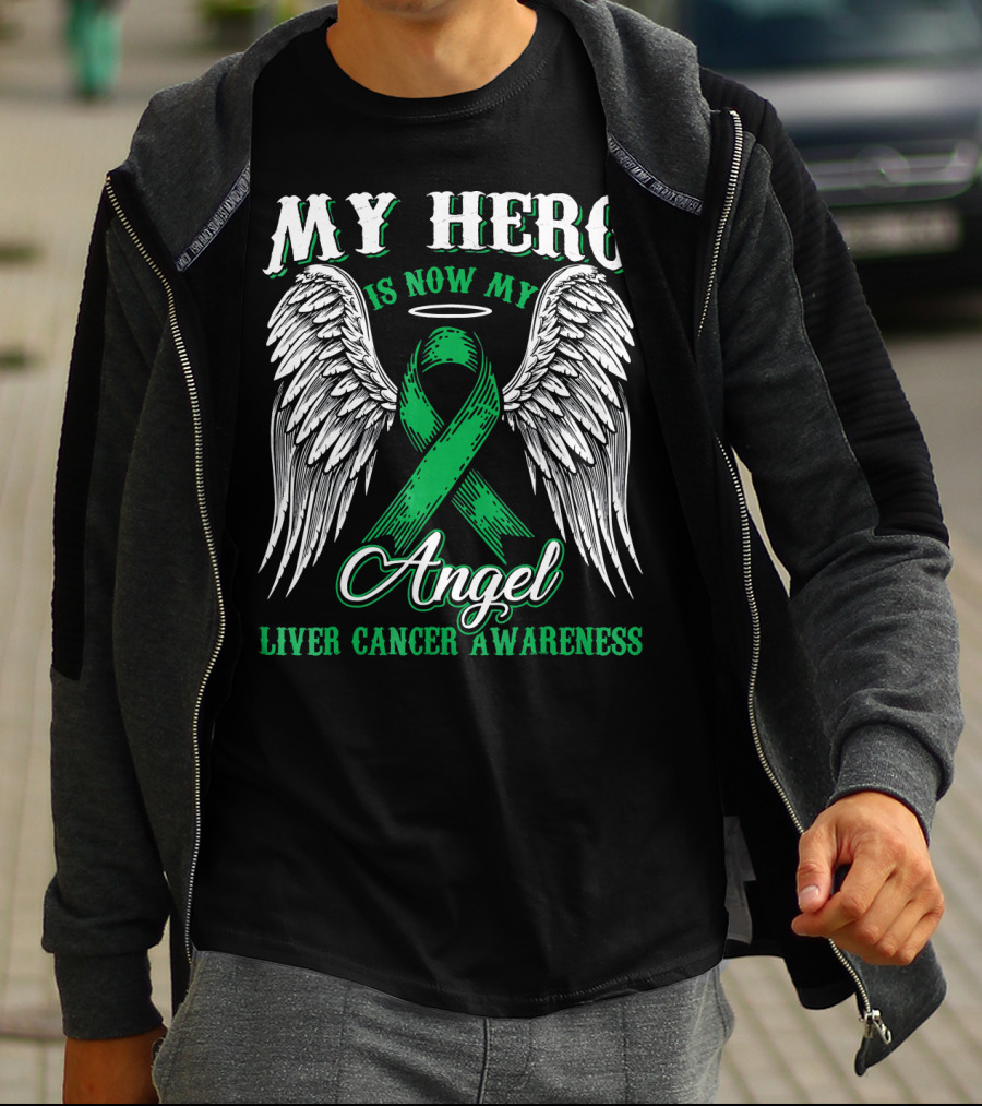 My Hero Is Now My Angel Liver Cancer Awareness Ribbon Wings Halo T-Shirt