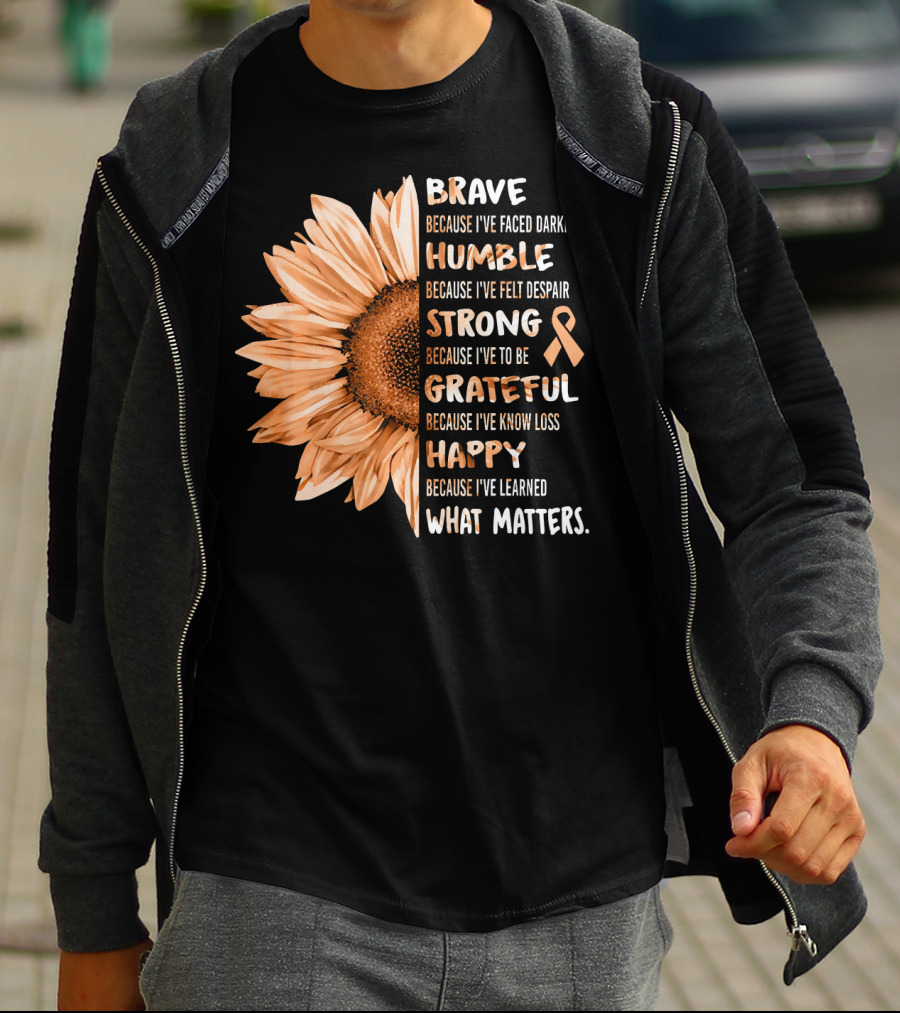 Brave Humble Strong Grateful Happy Sunflower Peach Ribbon Uterine Cancer T-Shirt