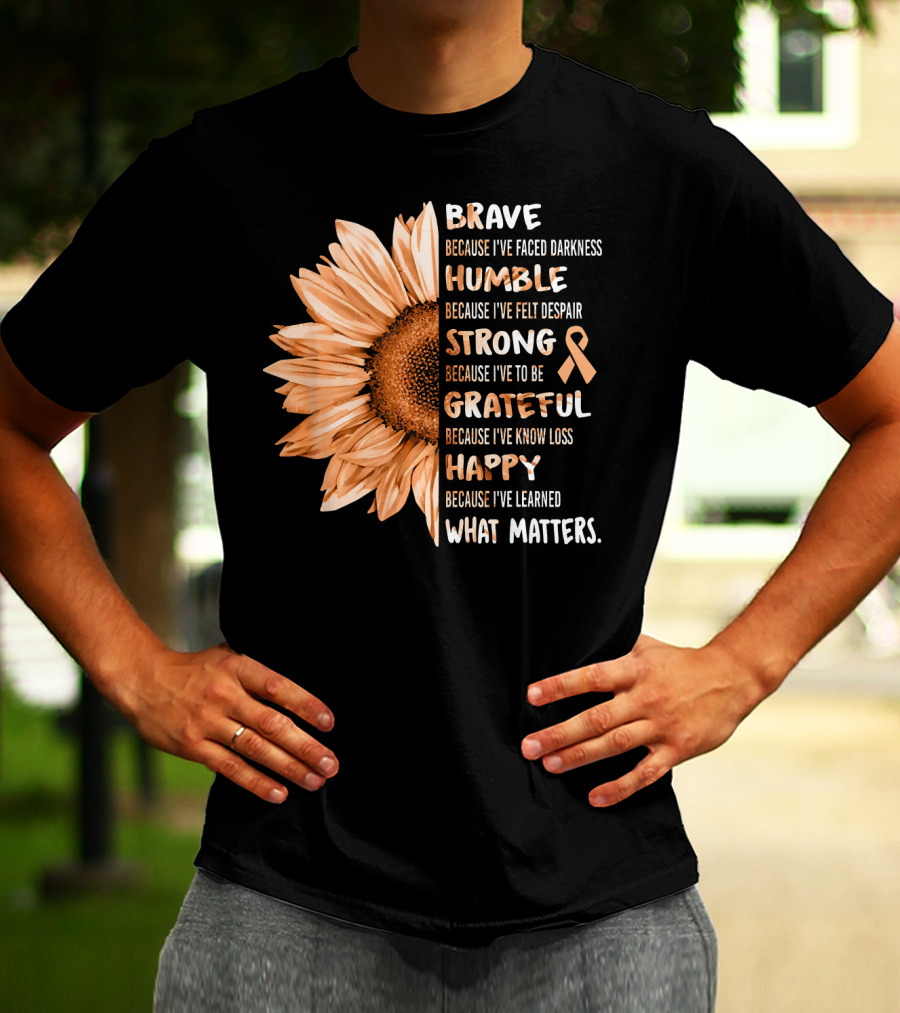 Brave Humble Strong Grateful Happy Sunflower Peach Ribbon Uterine Cancer T-Shirt