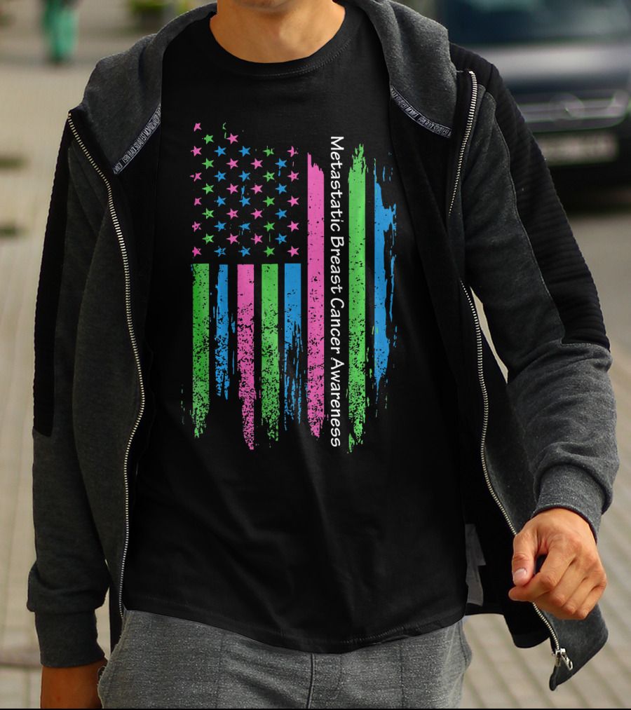 Vintage USA Flag Ribbon Metastatic Breast Cancer Awareness T-Shirt