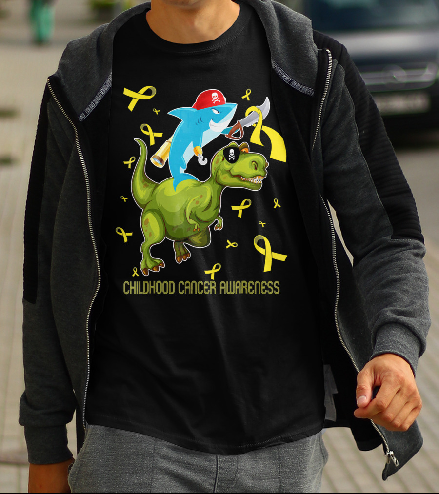 Childhood Cancer Awareness Shark And Dinosaur With Yellow Ribbons T-Shirt