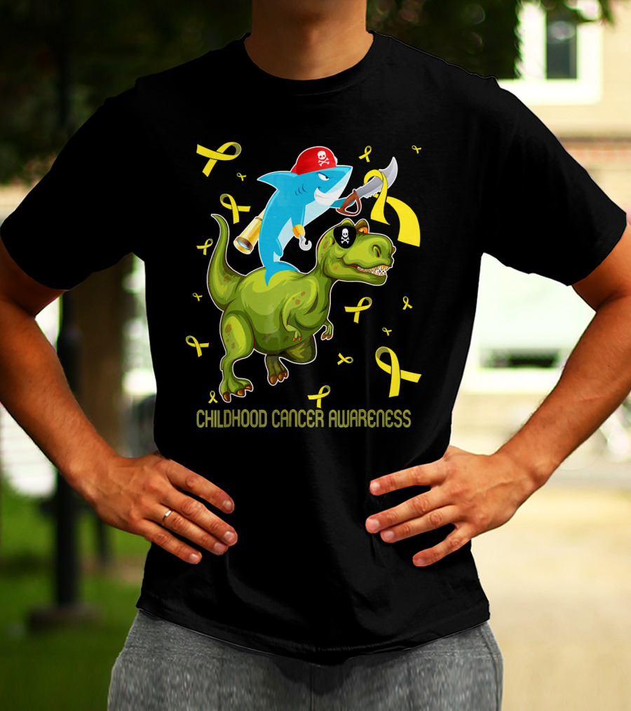 Childhood Cancer Awareness Shark And Dinosaur With Yellow Ribbons T-Shirt