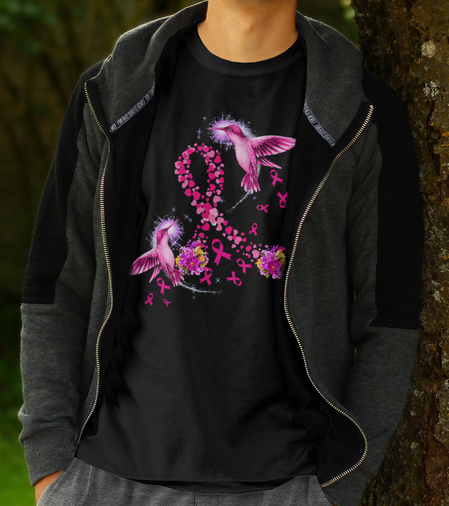 Hummingbird Heart Pink Ribbon Breast Cancer Awareness Flowers T-Shirt