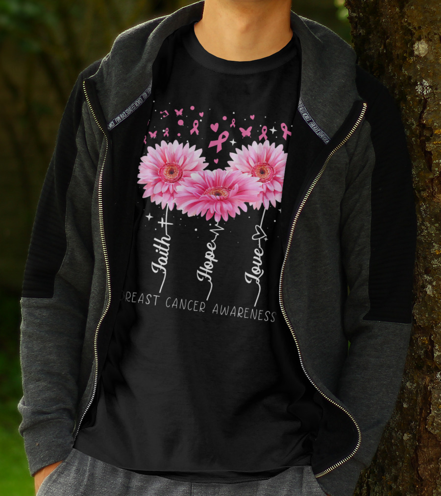 Faith Hope Love Breast Cancer Awareness Cute Daisy T-Shirt