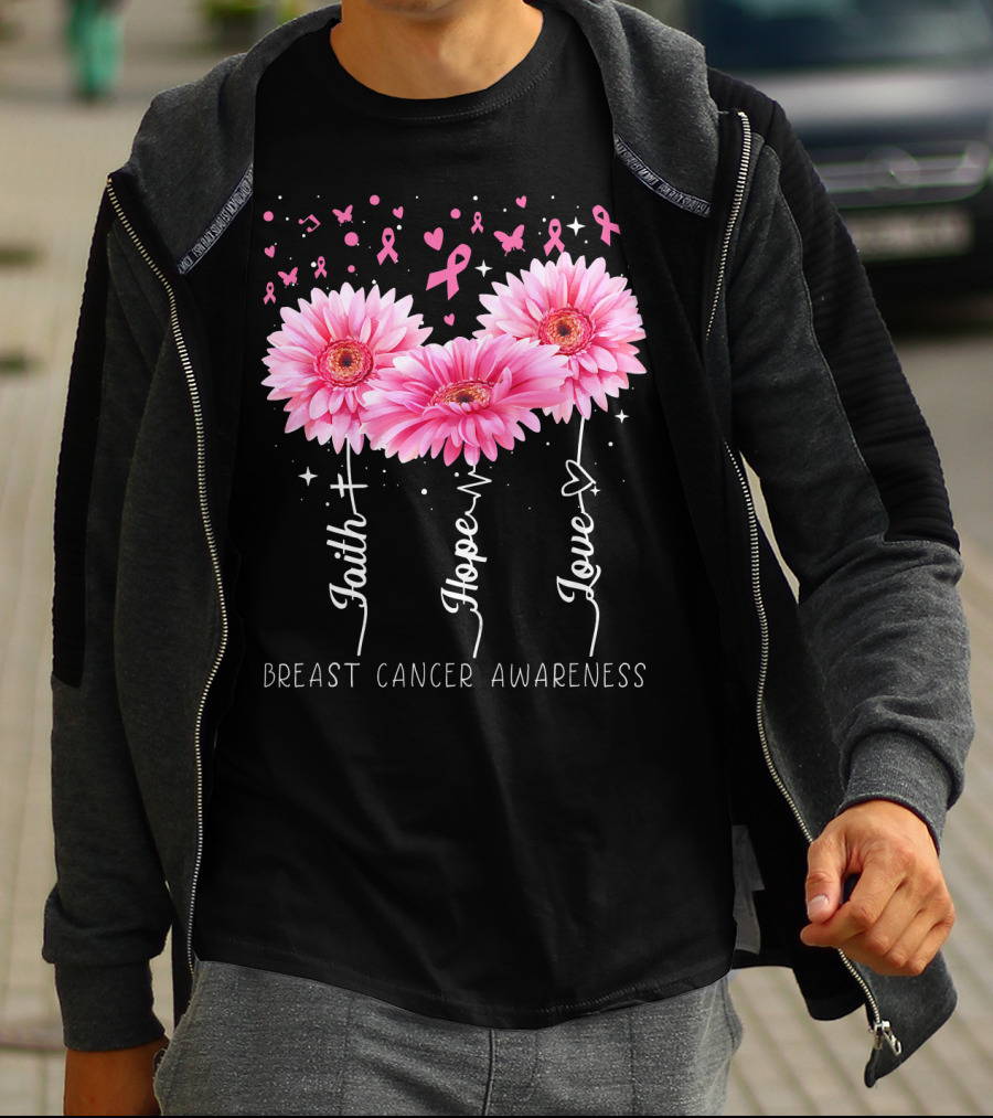 Faith Hope Love Breast Cancer Awareness Cute Daisy T-Shirt