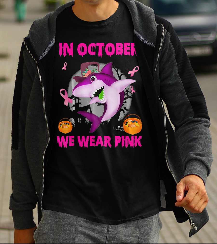 In October We Wear Pink Sharks Ribbon Halloween T-Shirt