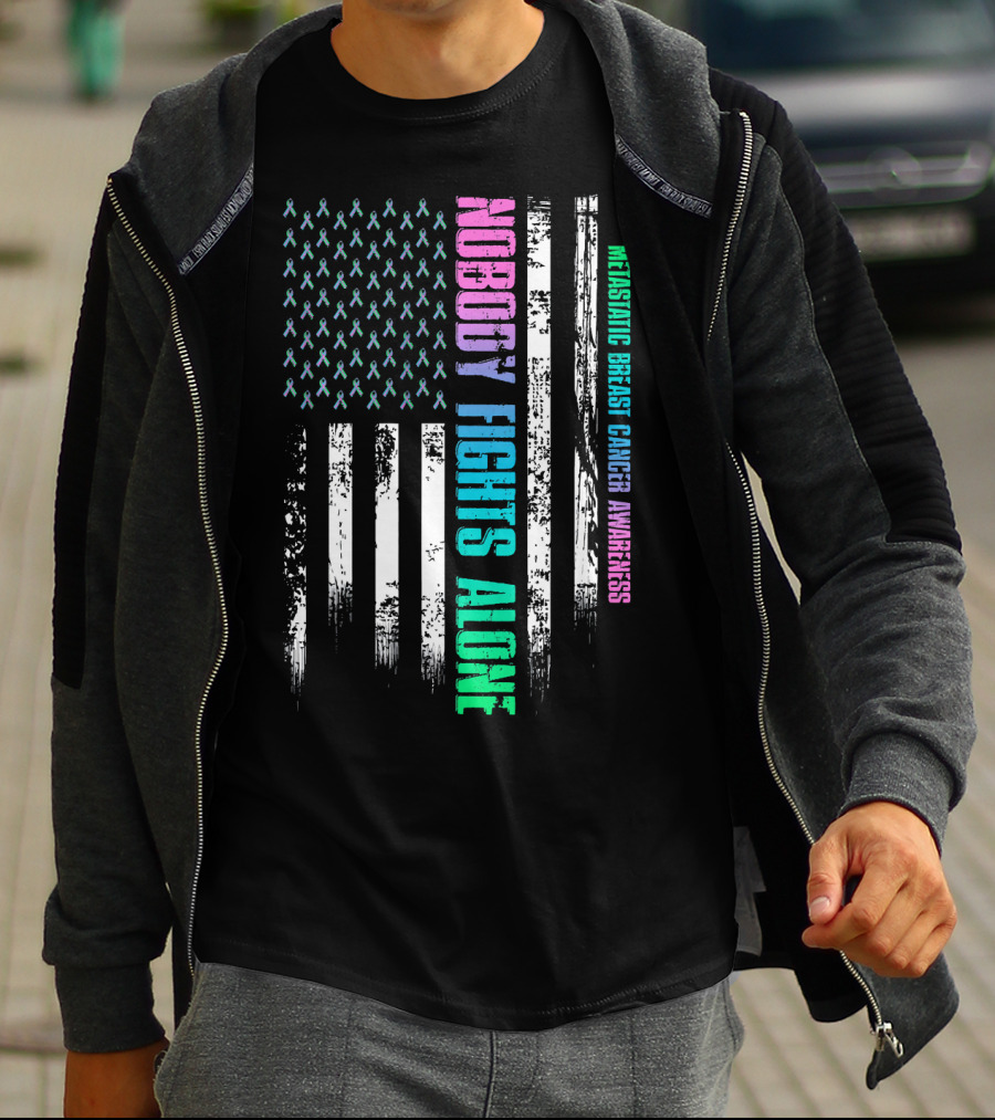 Nobody Fights Alone USA Flag Metastatic Breast Cancer Awareness T-Shirt