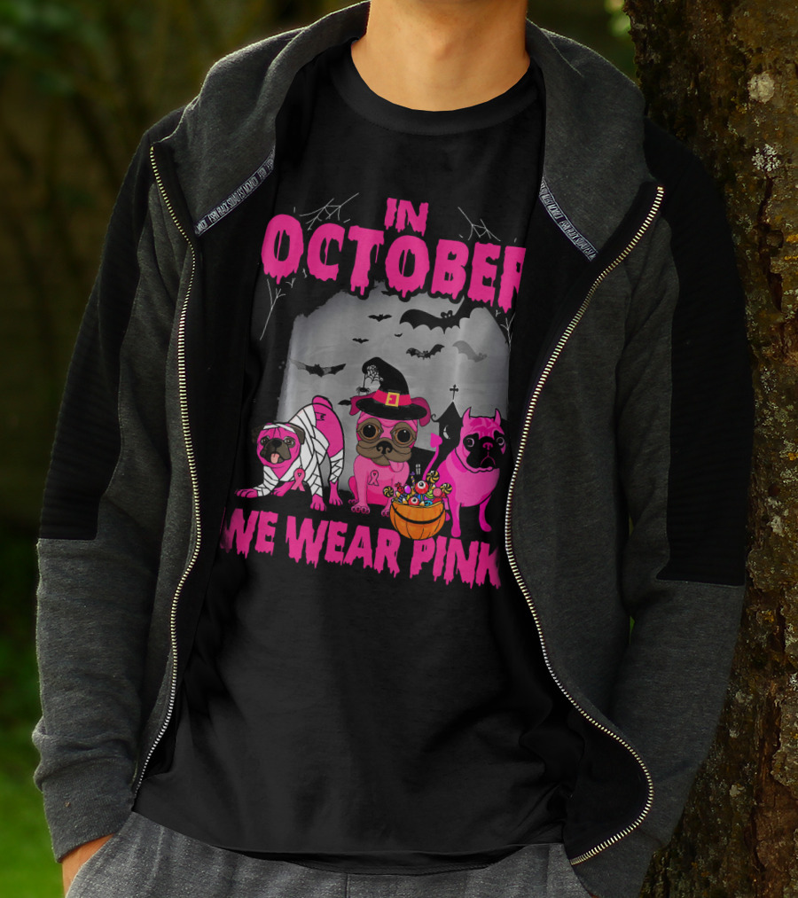 In October We Wear Pink Three Pugs Halloween Bats And Costumes T-Shirt