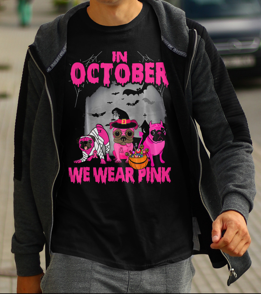 In October We Wear Pink Three Pugs Halloween Bats And Costumes T-Shirt