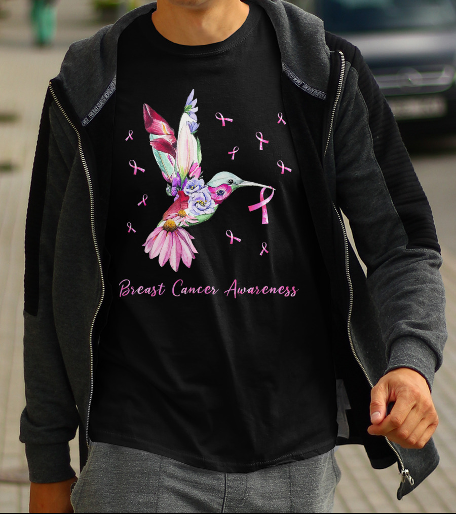 Breast Cancer Awareness Pink Ribbon Flower Hummingbird T-Shirt