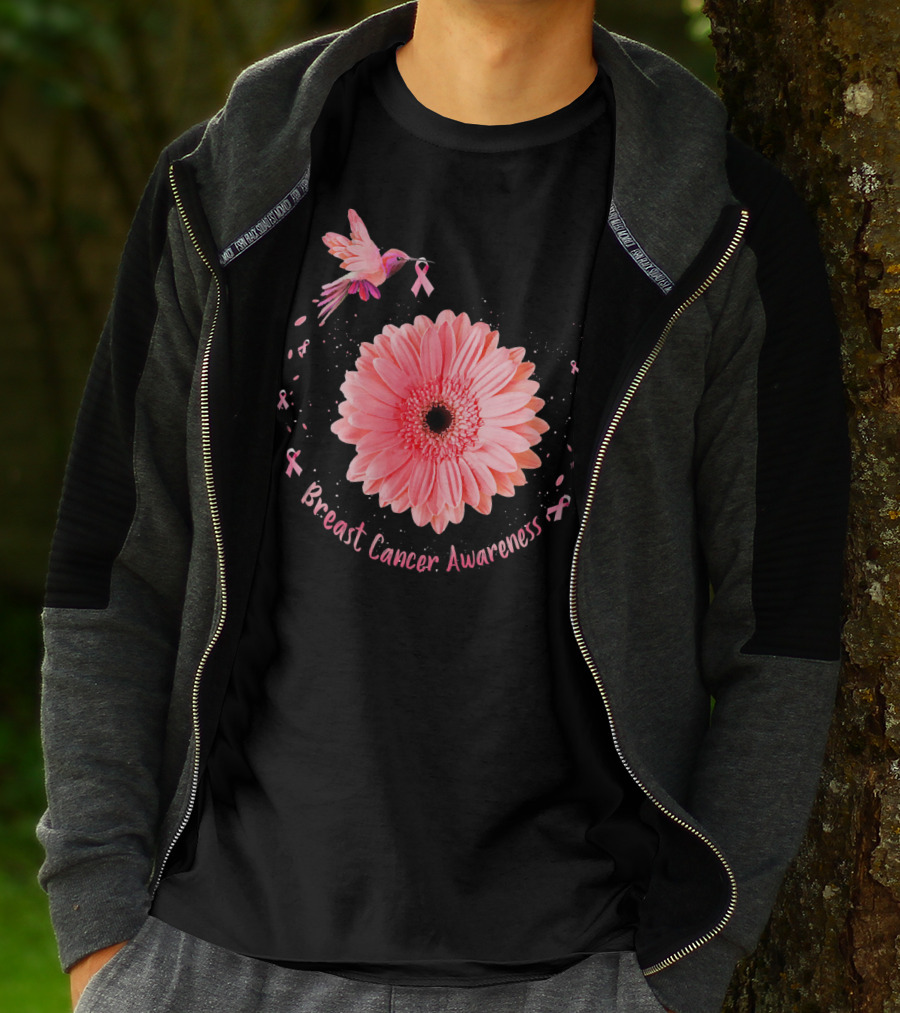 Hummingbird Pink Ribbon Breast Cancer Awareness Sunflower T-Shirt
