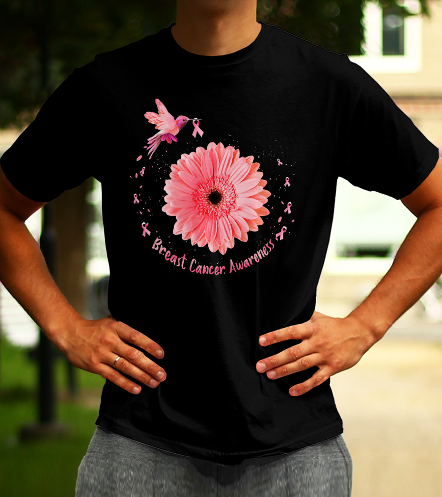 Hummingbird Pink Ribbon Breast Cancer Awareness Sunflower T-Shirt