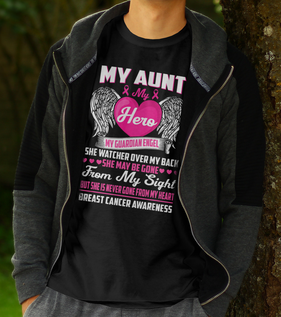 My Aunt My Hero My Guardian Angel She Watched Over My Back Breast Cancer Awareness T-Shirt