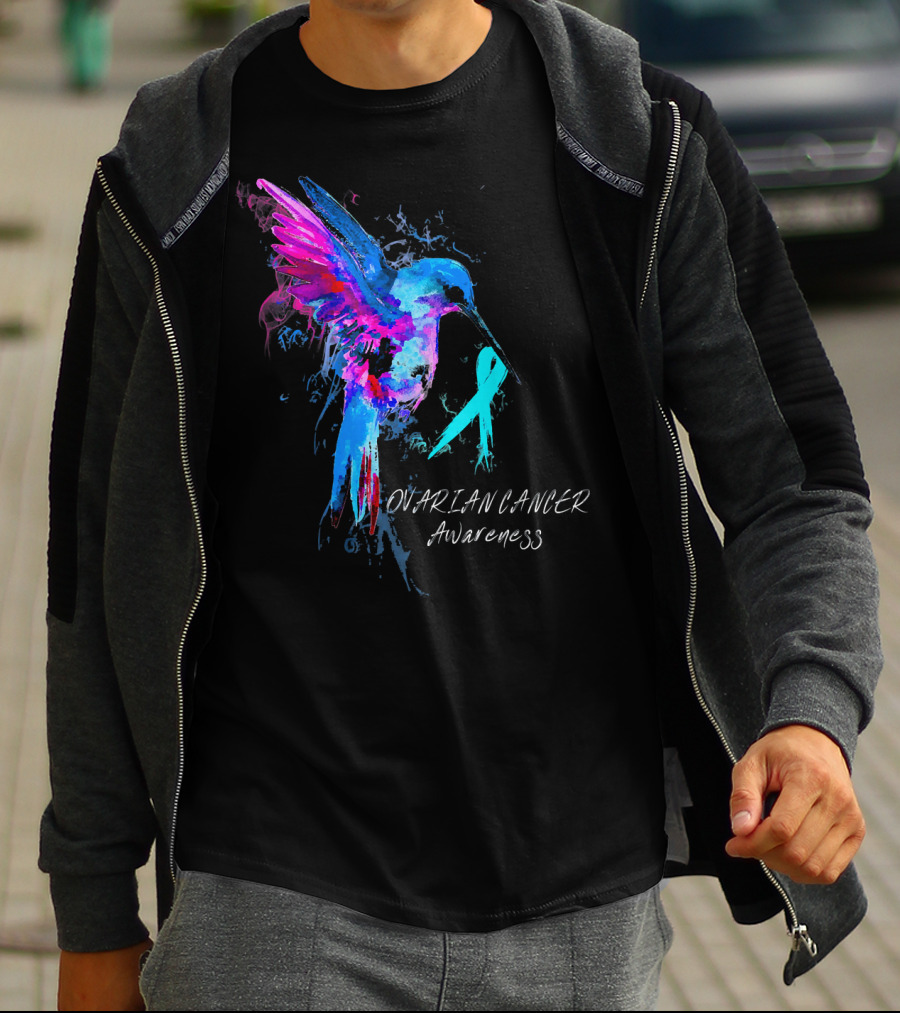 OVARIAN CANCER Awareness Hummingbird With Teal T-Shirt