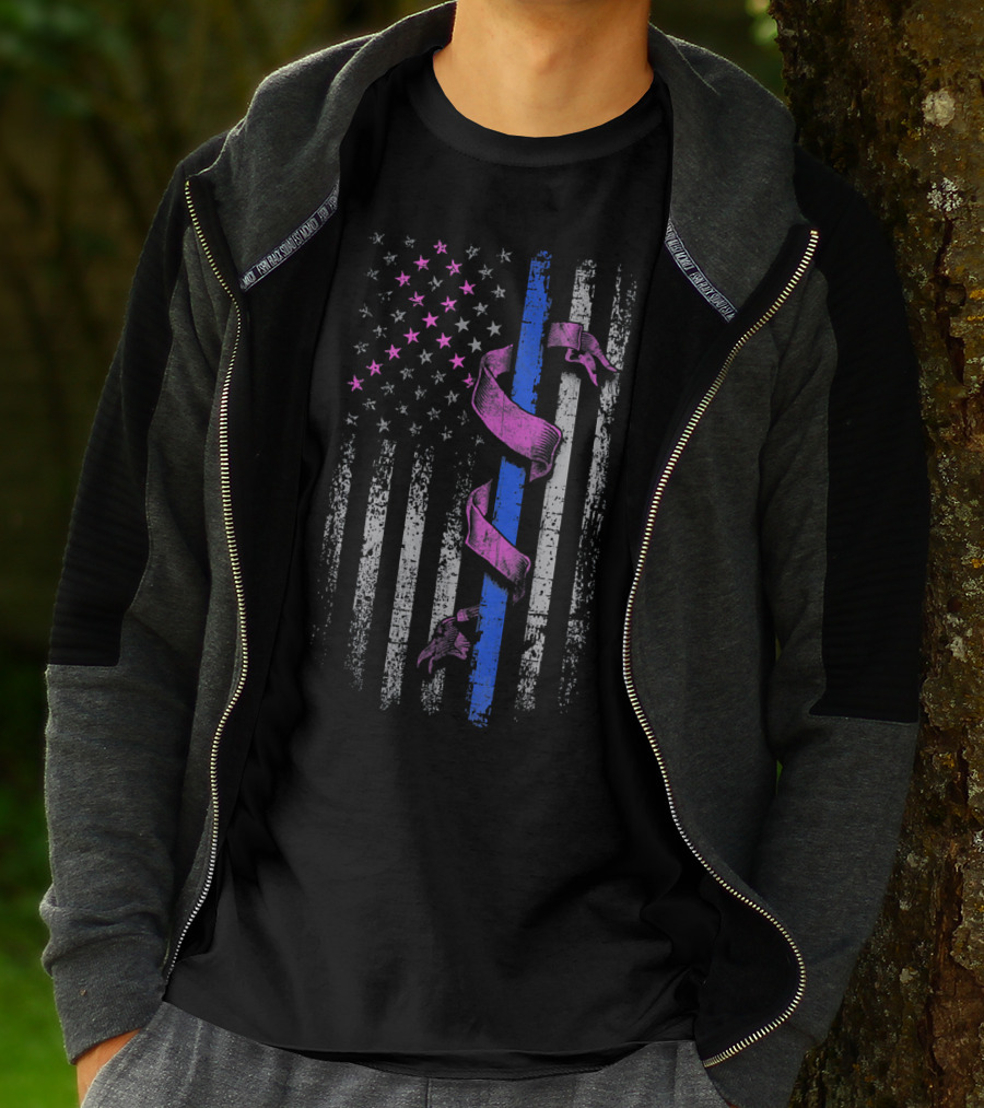 Thin Blue Line Pink Ribbon American Flag Breast Cancer Awareness T-Shirt