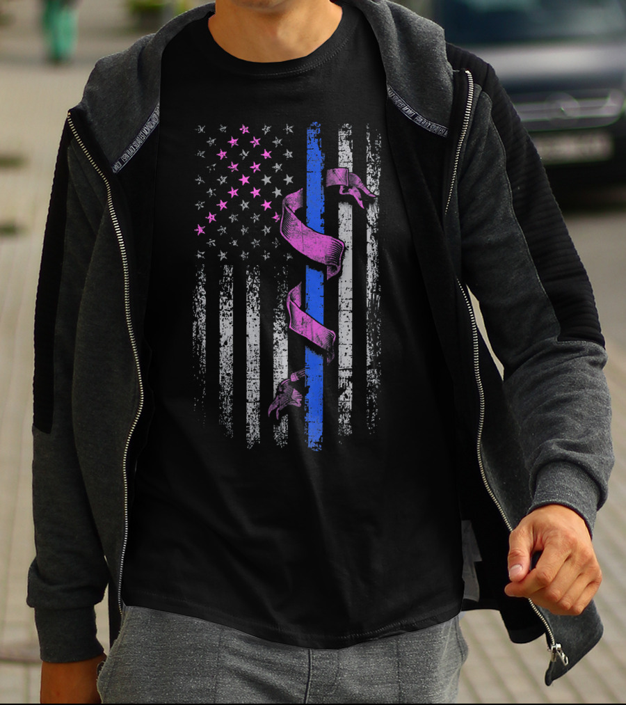 Thin Blue Line Pink Ribbon American Flag Breast Cancer Awareness T-Shirt