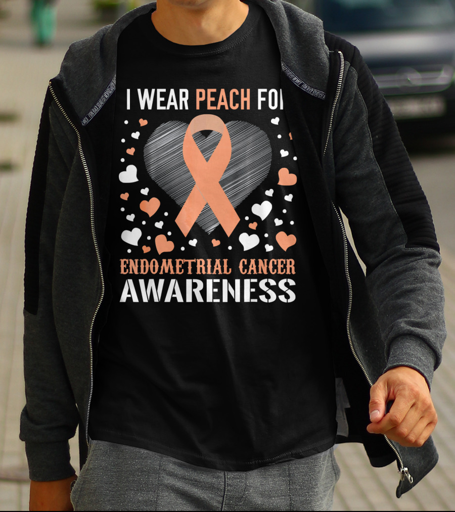 I Wear Peach For Endometrial Cancer Awareness Ribbon Heart T-Shirt