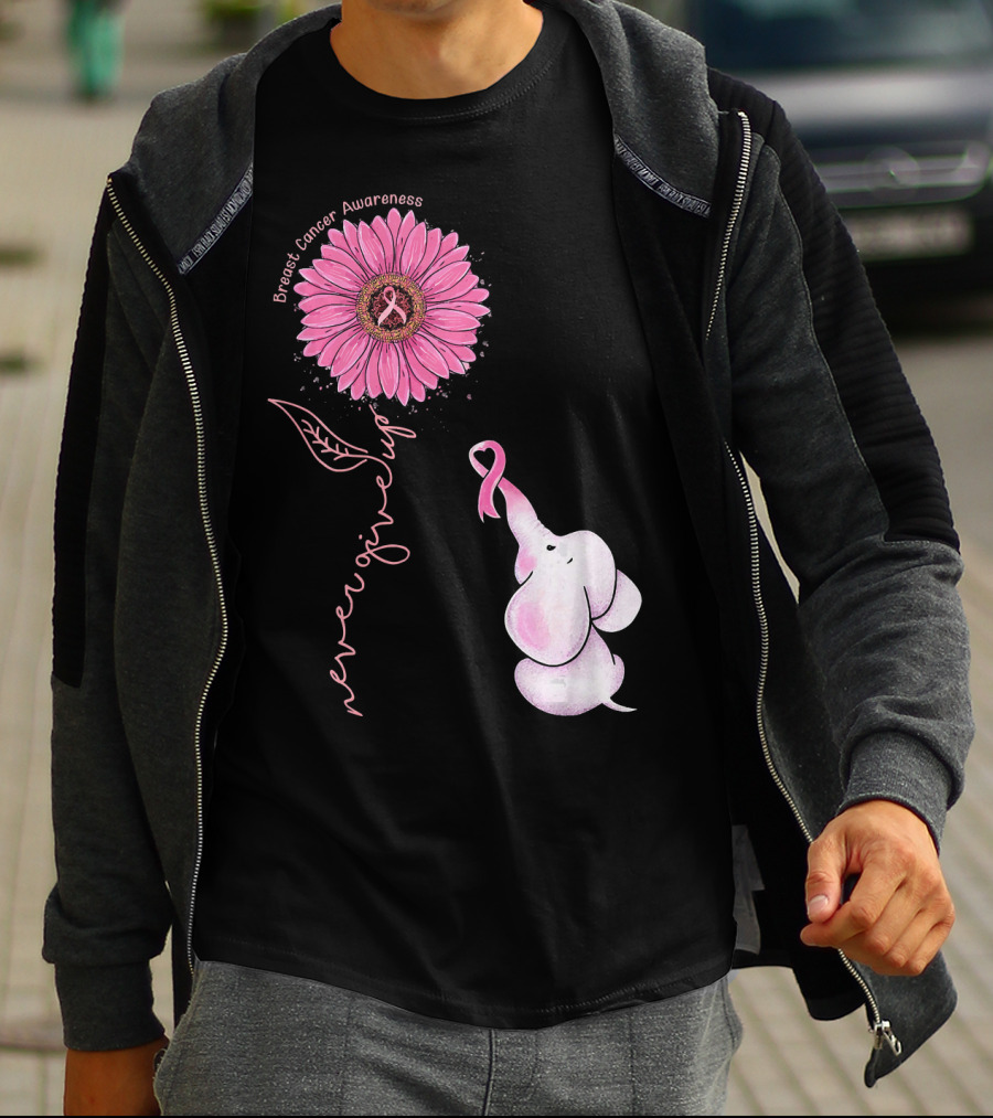 Breast Cancer Awareness Never Give Up Pink Ribbon Sunflower Elephant T-Shirt