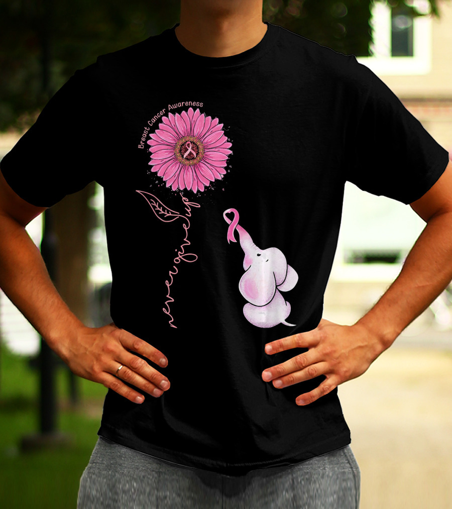 Breast Cancer Awareness Never Give Up Pink Ribbon Sunflower Elephant T-Shirt