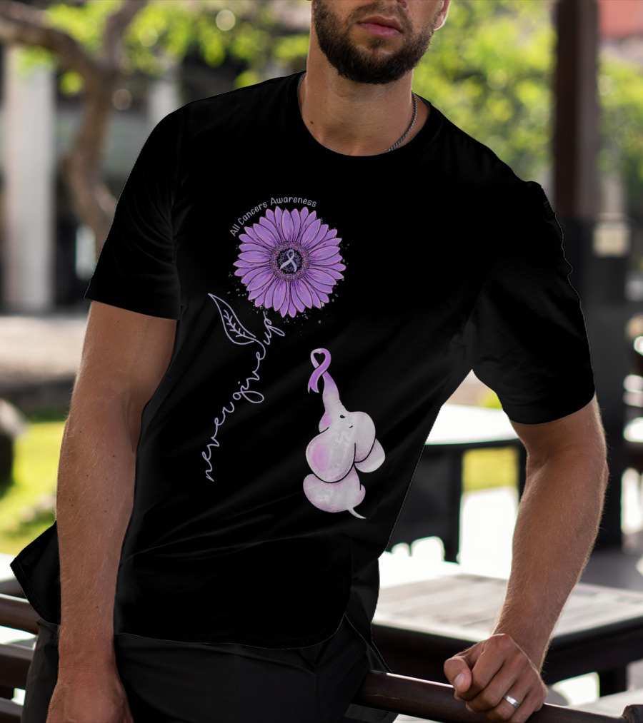 Never Giving Up All Cancers Awareness Sunflower Elephant T-Shirt