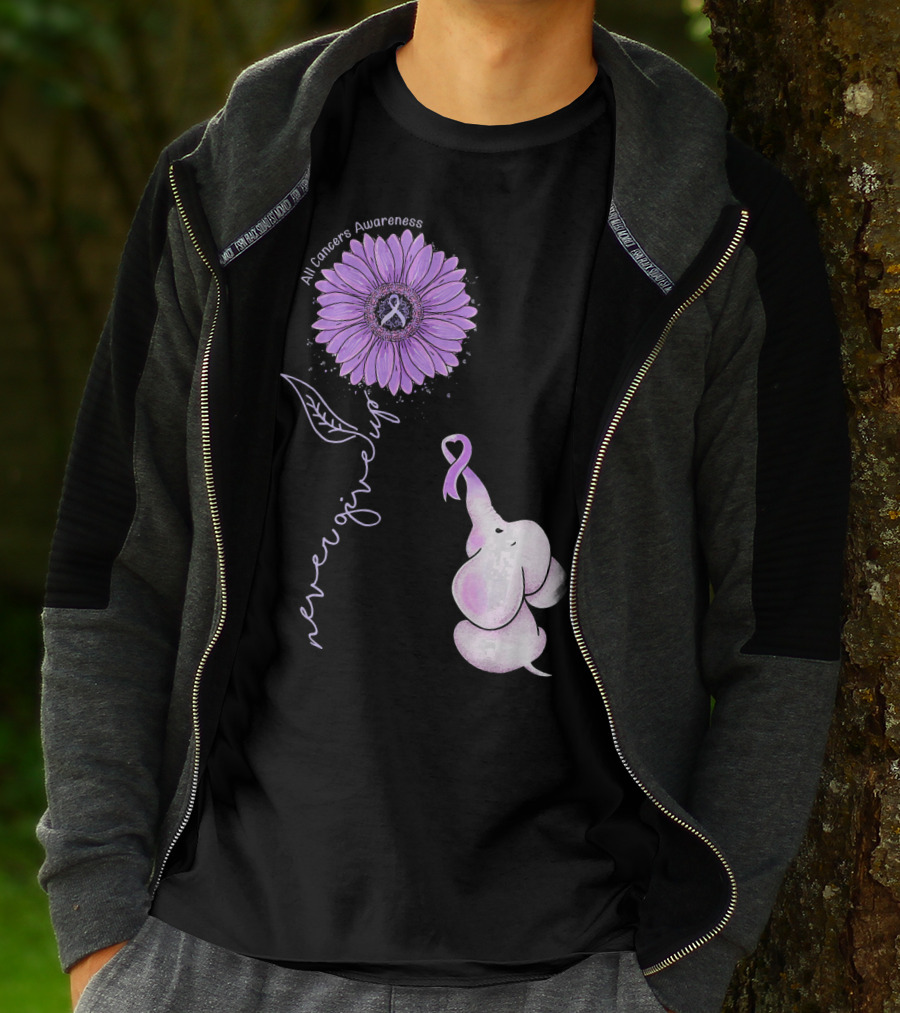 Never Giving Up All Cancers Awareness Sunflower Elephant T-Shirt