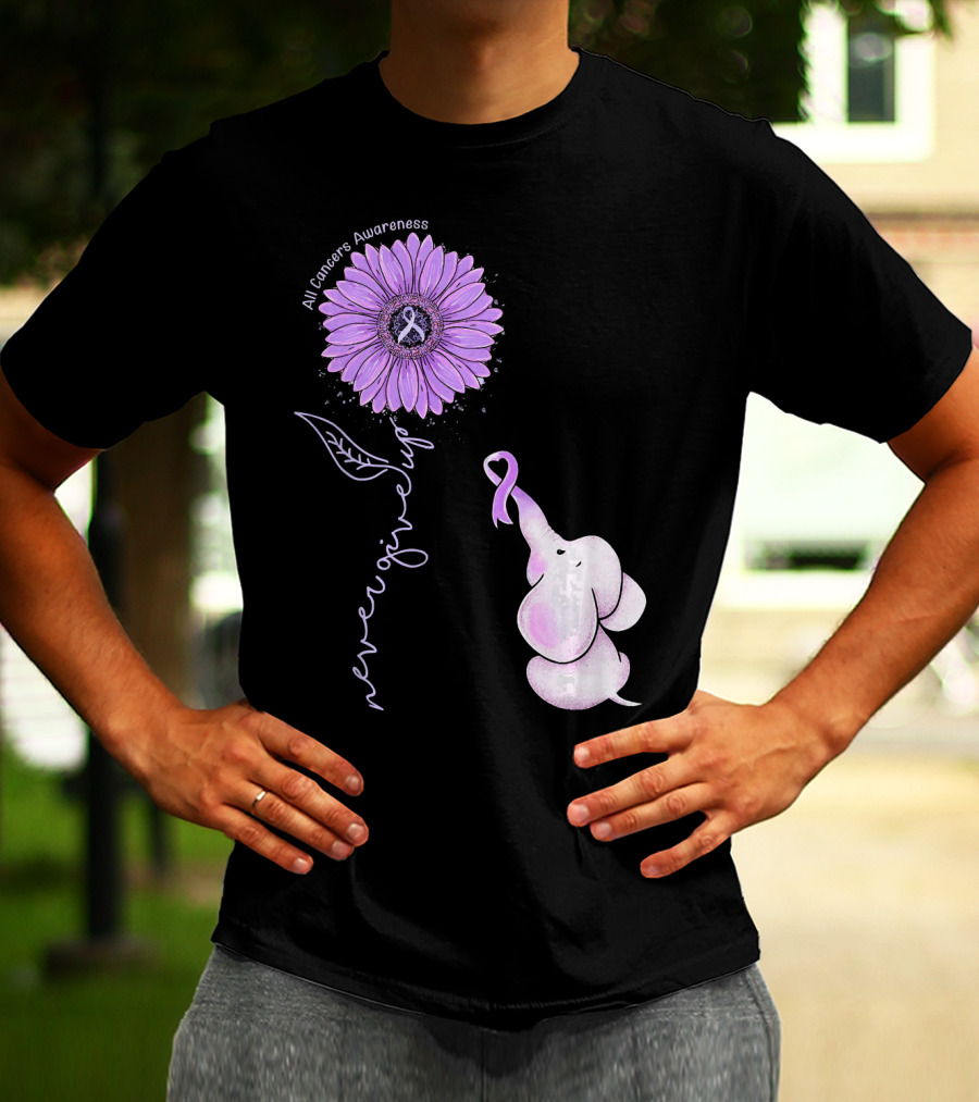 Never Giving Up All Cancers Awareness Sunflower Elephant T-Shirt