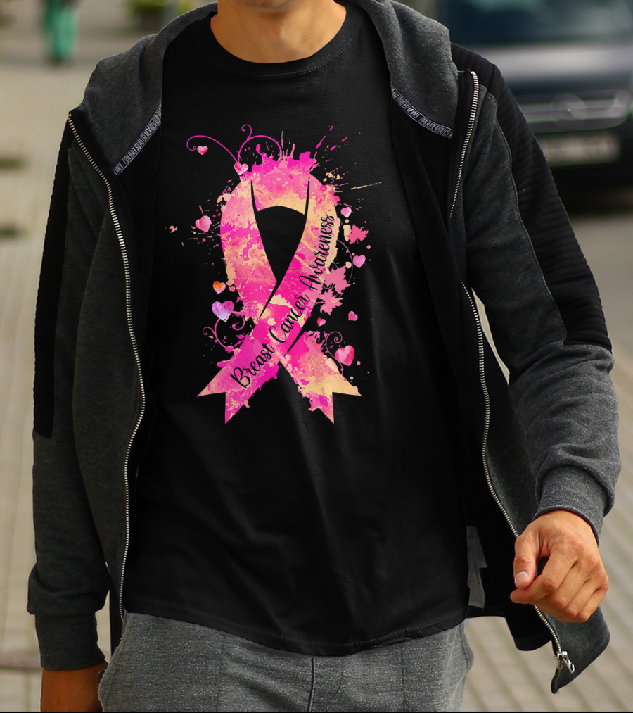 Breast Cancer Awareness Pink Ribbon Hearts And Splash T-Shirt