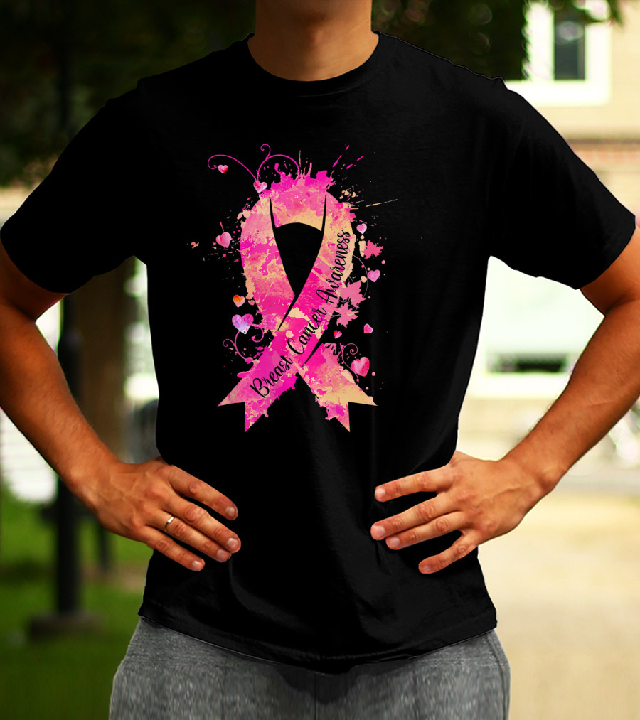 Breast Cancer Awareness Pink Ribbon Hearts And Splash T-Shirt