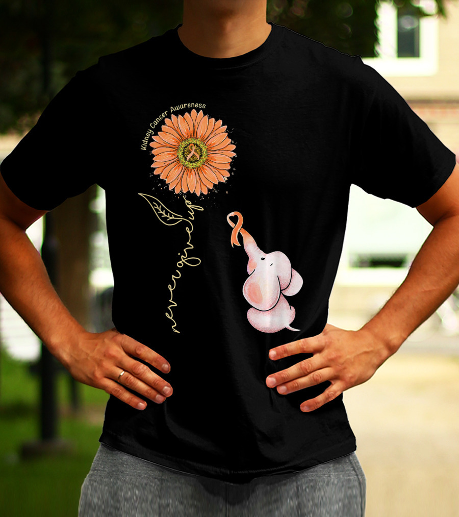 Kidney Cancer Awareness Sunflower Elephant Never Give Up T-Shirt
