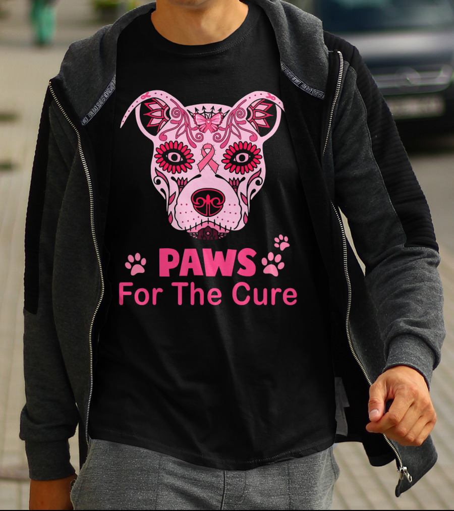 Paws For The Cure Breast Cancer Awareness Pitbull Sugar Skull T-Shirt