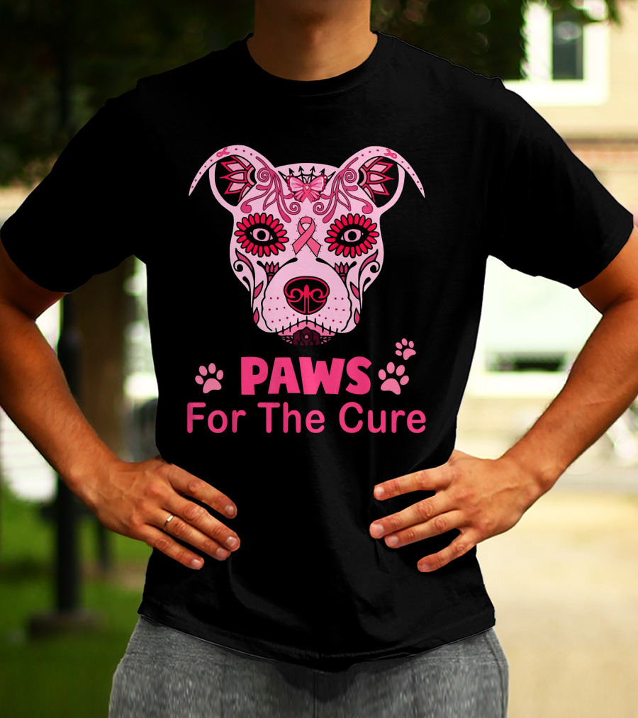 Paws For The Cure Breast Cancer Awareness Pitbull Sugar Skull T-Shirt