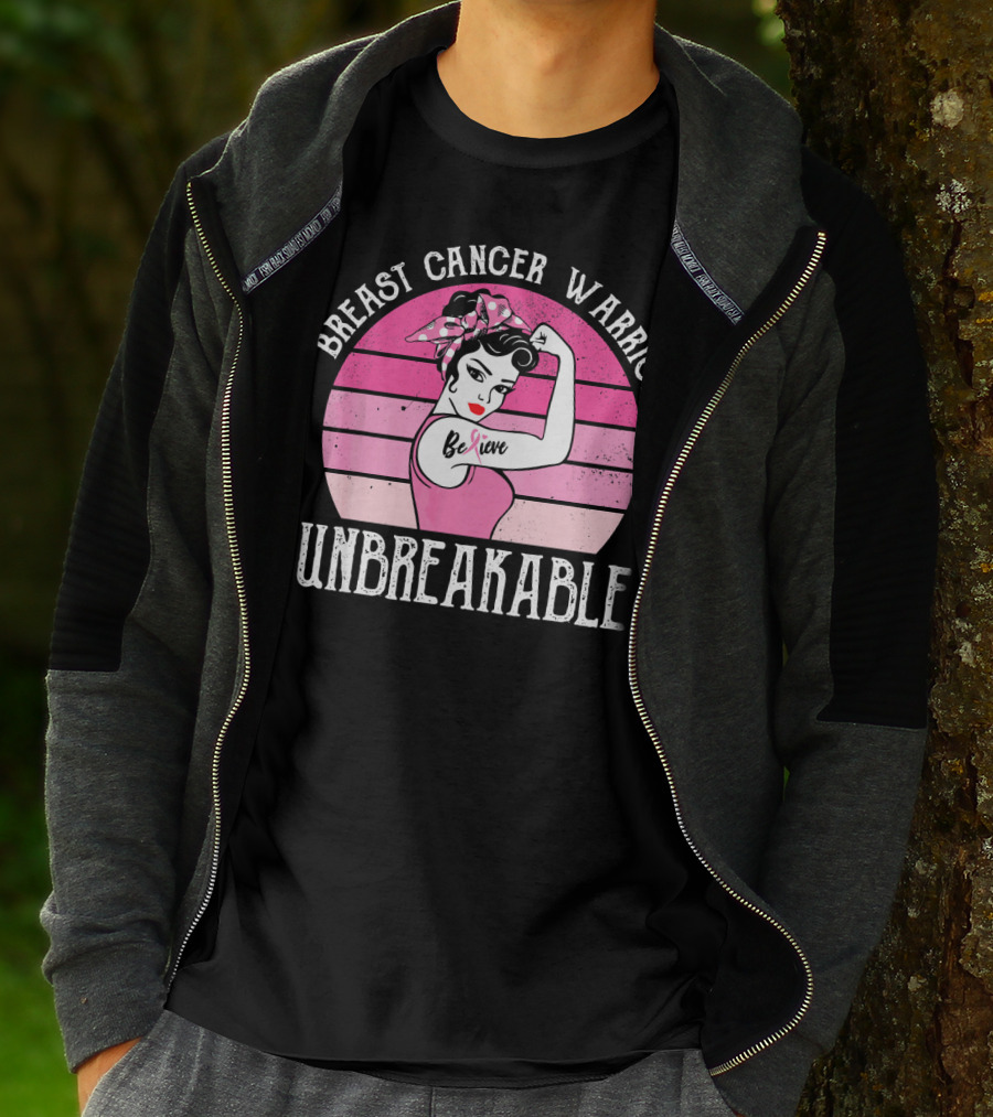 Breast Cancer Warrior Believe Unbreakable Retro Sunset T-Shirt